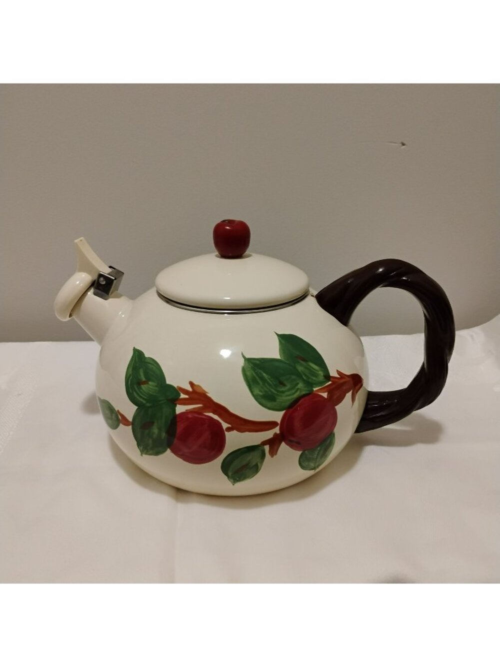 Vintage Franciscan Apple Enamel Tea Kettle Whistling Stovetop Teapot 1.5Qt MCM